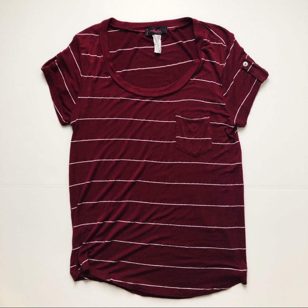 Maroon striped t shirt with sleeve/pocket detail